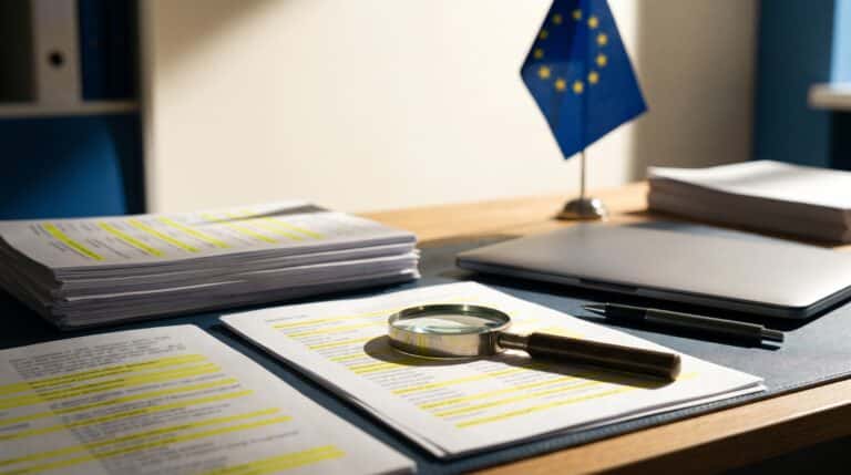 Schreibtisch eines Compliance-Verantwortlichen mit ausgedruckten Listen, Textmarker und Lupe, im Hintergrund eine EU-Flagge